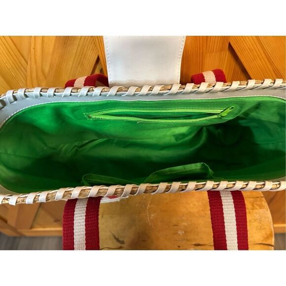 Donna Dixon Jennifer Rattan Basket Weave Red White Strap Tan Tote Handbag Purse - Picture 9 of 10